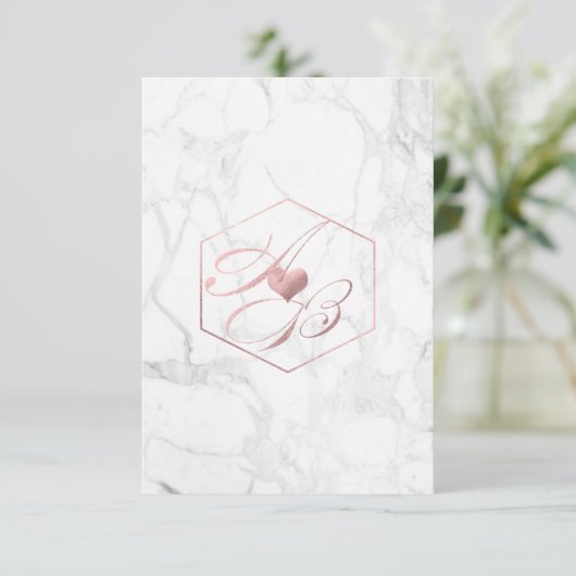 Invitation Marbre, Faux Rose Gold Fancy Script Monogrammes (Debout devant)