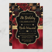Invitation Marbre floral rouge noir et or 21e anniversaire (Devant / Derrière)