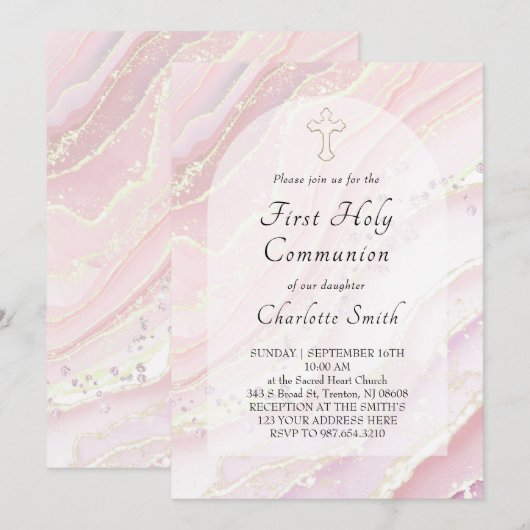 Invitation marbre fluide rose Première Sainte Communion (Devant / Derrière)