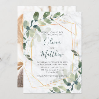 Invitation Marbre Géométrique Or Eucalyptus Mariage photo