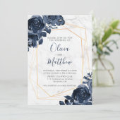 Invitation Marbre Géométrique Rose Bleu Or Photo Mariage (Debout devant)
