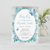 Invitation Marbre jolie aquarelle bleu papillon babyshower (Debout devant)