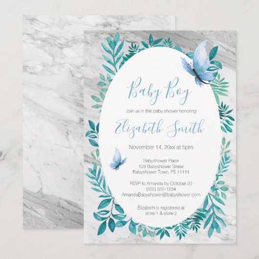 Invitation Marbre jolie aquarelle bleu papillon babyshower (Devant / Derrière)