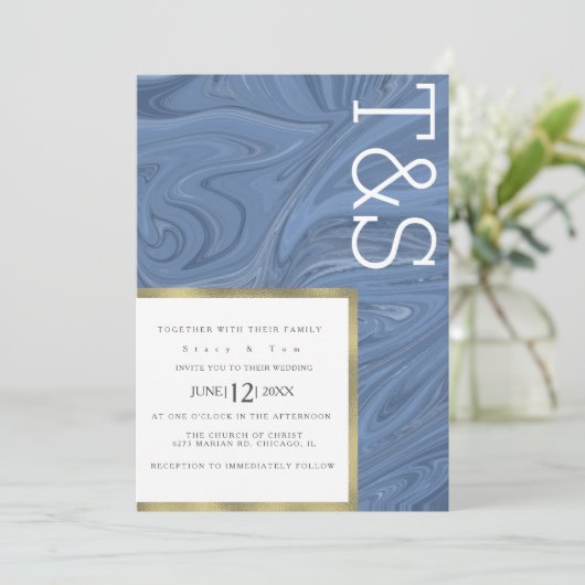 Invitation Marbre Liquid Bleu foncé Typographie Mariage (Debout devant)