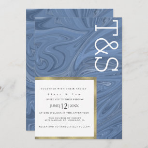Invitation Marbre Liquid Bleu foncé Typographie Mariage