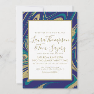 Invitation Marbre Liquide Bleu Faux Or Mariage Abstrait