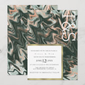 Invitation Marbre Liquide Corail Vert Typographie Mariage (Devant / Derrière)