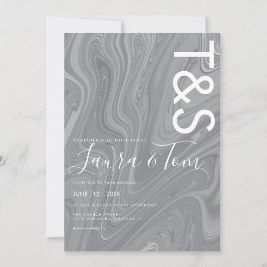 Invitation Marbre Liquide Gris Agate Typographie Mariage Invi (Devant)