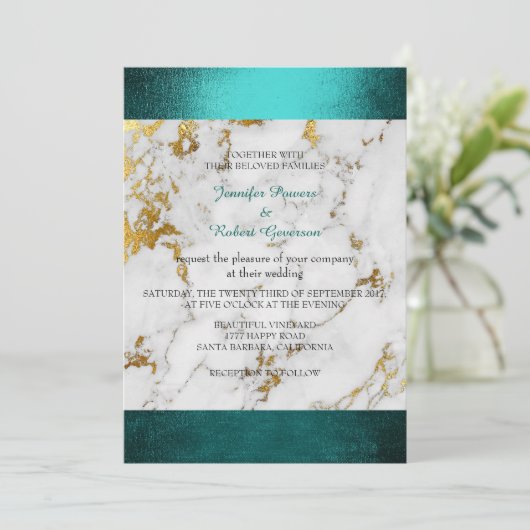 Invitation Marbre mariage blanc gris doré vert Turquoise (Debout devant)