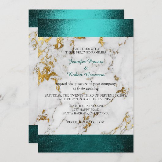 Invitation Marbre mariage blanc gris doré vert Turquoise (Devant / Derrière)