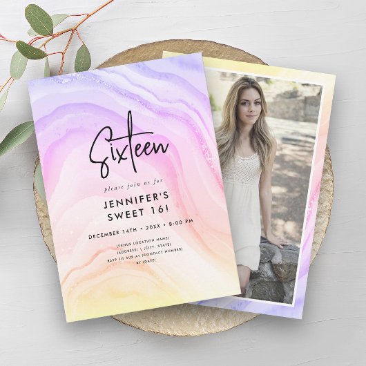 Invitation Marbre moderne arc-en-ciel Ombre photo Sweet 16
