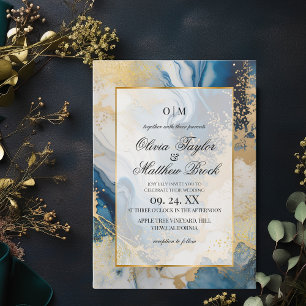 Invitation Marbre Moderne Bleu et or Mariage