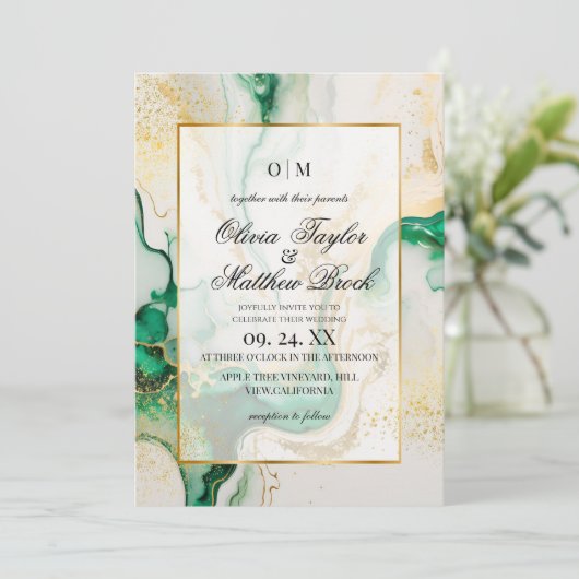 Invitation Marbre moderne Emerald Vert et or Mariage (Debout devant)