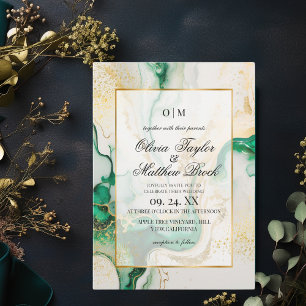Invitation Marbre moderne Emerald Vert et or Mariage