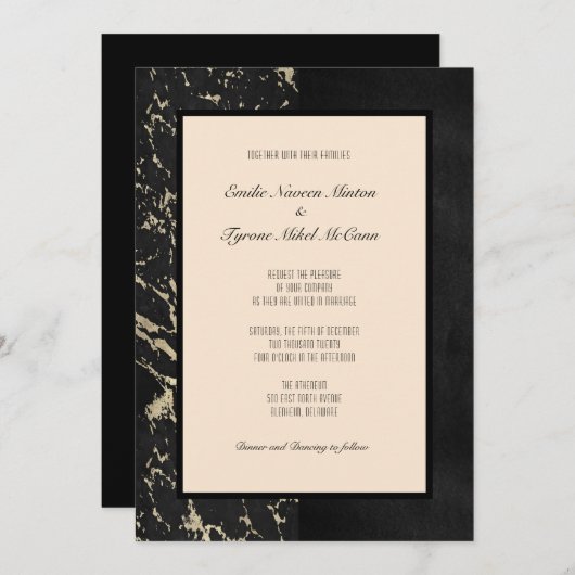 Invitation Marbre moderne en noir et Vanilla Tapioca (Devant / Derrière)