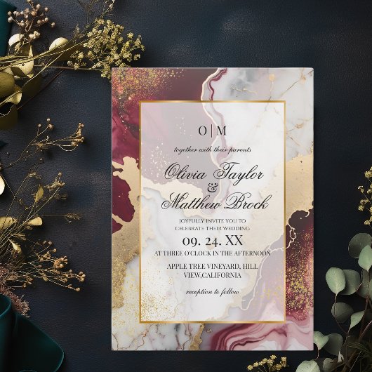 Invitation Marbre Moderne Romantique Bourgogne et Mariage d'o