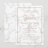 Invitation Marbre moderne Rose or Baptême premier anniversair (Devant / Derrière)