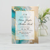 Invitation Marbre moderne Turquoise et or Mariage (Debout devant)