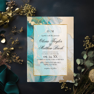 Invitation Marbre moderne Turquoise et or Mariage
