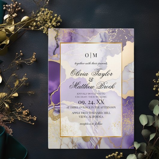 Invitation Marbre moderne violet et or Mariage