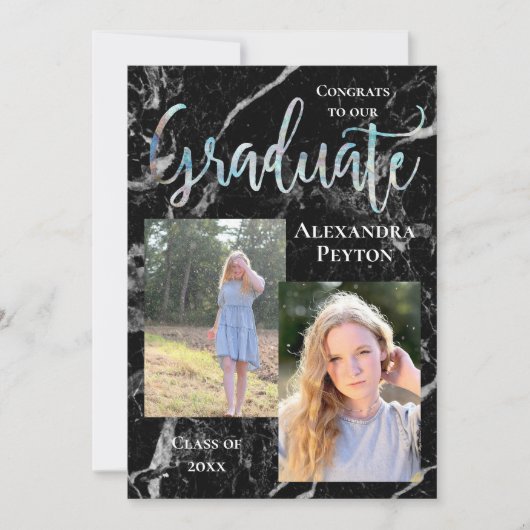Invitation Marbre Noir Abalone Script Photo Graduation (Devant)