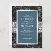 Invitation Marbre noir Argent Dusty Bleu QR Code Mariage (Devant)