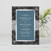 Invitation Marbre noir Argent Dusty Bleu QR Code Mariage (Debout devant)