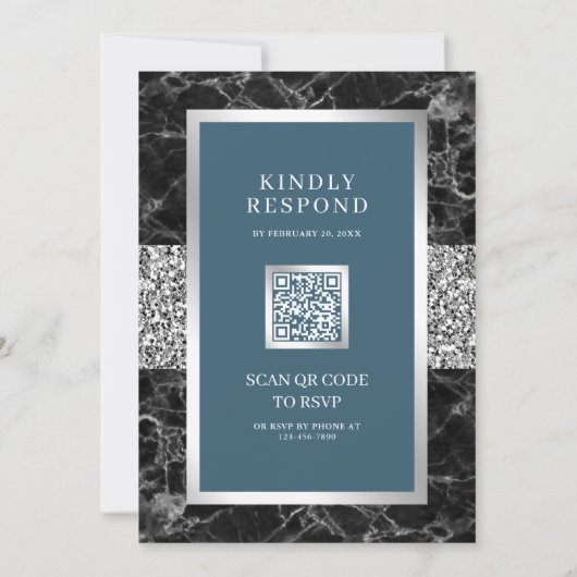 Invitation Marbre noir Argent Dusty Bleu QR Code Mariage (Dos)