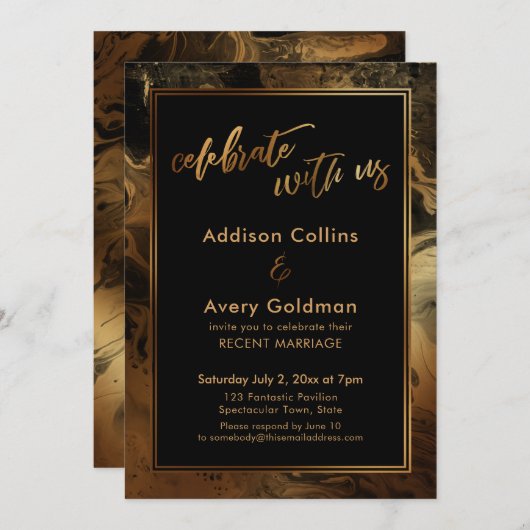 Invitation Marbre Noir Métallisé Faux Or Célébrez avec Nous (Devant / Derrière)