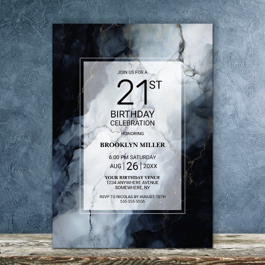 Invitation Marbre noir moderne 21e fête d'anniversaire