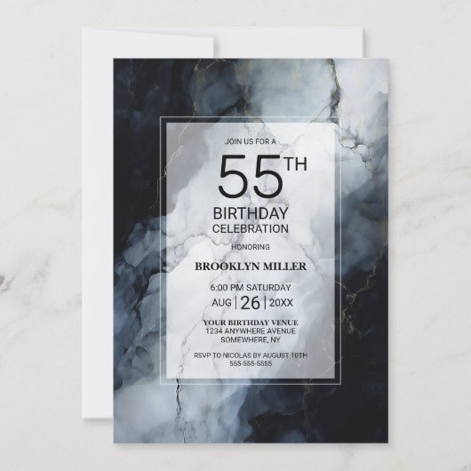 Invitation Marbre noir moderne 55e fête d'anniversaire (Devant)