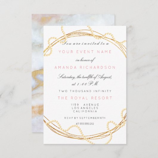 Invitation Marbre nuptial floral Anniversaire Or perles blanc (Devant / Derrière)