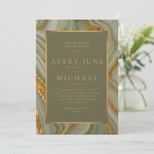 Invitation Marbre Onyx Vert Sauge Avec Or (Debout devant)