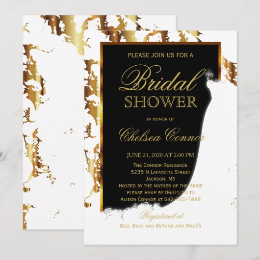 Invitation Marbre or, Fête des mariées noire et blanche (Devant / Derrière)