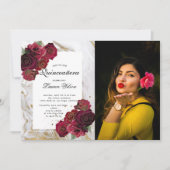 Invitation marbre or rose floral Quinceanera Photo Invit (Devant)