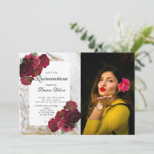 Invitation marbre or rose floral Quinceanera Photo Invit (Debout devant)