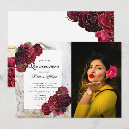 Invitation marbre or rose floral Quinceanera Photo Invit (Devant / Derrière)