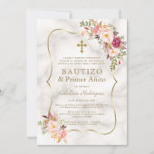Invitation Marbre rose floral espagnol 1er anniversaire Baptê (Devant)