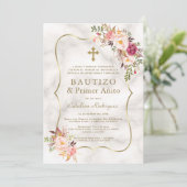 Invitation Marbre rose floral espagnol 1er anniversaire Baptê (Debout devant)