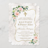 Invitation Marbre rose floral espagnol 1er anniversaire Baptê (Devant / Derrière)