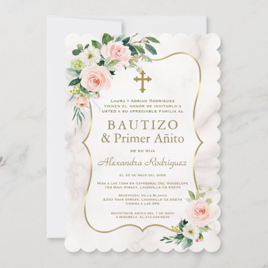 Invitation Marbre rose floral espagnol 1er anniversaire Baptê (Devant)