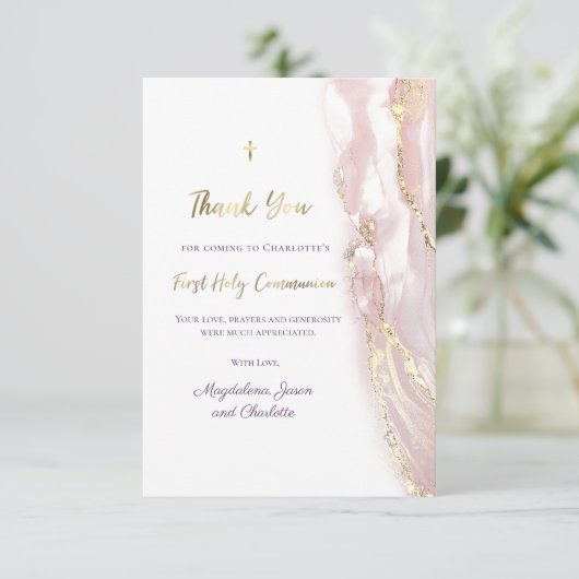 Invitation marbre rose fluide Première communion merci (Debout devant)