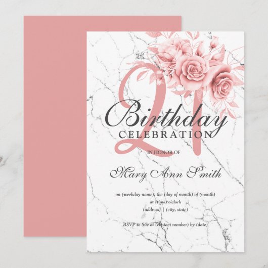 Invitation Marbre Rose Gold Floral 21e anniversaire  (Devant / Derrière)