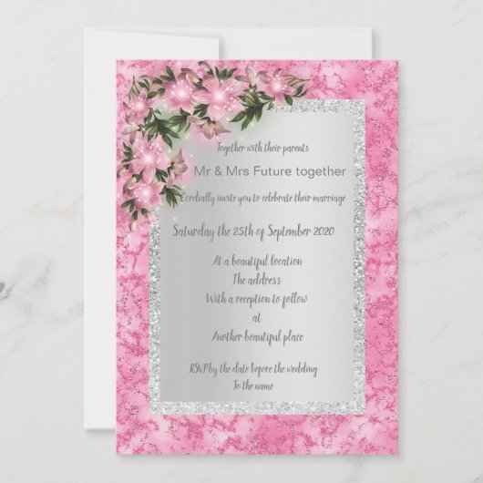 Invitation marbre rose mariage floral avec rose floral argent (Devant)