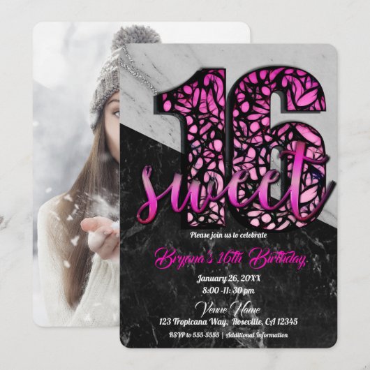 Invitation Marbre rose noir Sweet 16 Anniversaire Photo (Devant / Derrière)