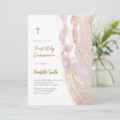 Invitation marbre rose | Première communion fille (Debout devant)
