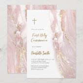 Invitation marbre rose | Première communion fille (Devant / Derrière)