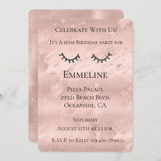 Invitation Marbre rose vif Parties scintillant noire brillant (Devant / Derrière)