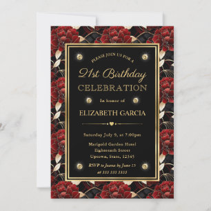 Invitation Marbre rouge noir et or Flore 21e anniversaire