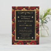 Invitation Marbre rouge noir et or Mariage floral (Debout devant)
